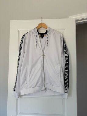 Armani Exchange White Zip Hoodie with Logo Sleeve Women’s Large